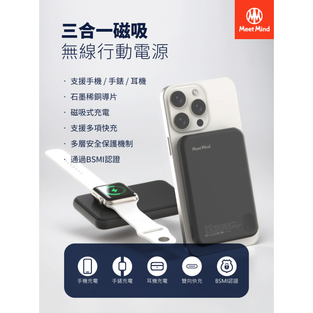 《Meet Mind 》5000mAh Mini Magsafe 三用磁吸快充行動電源